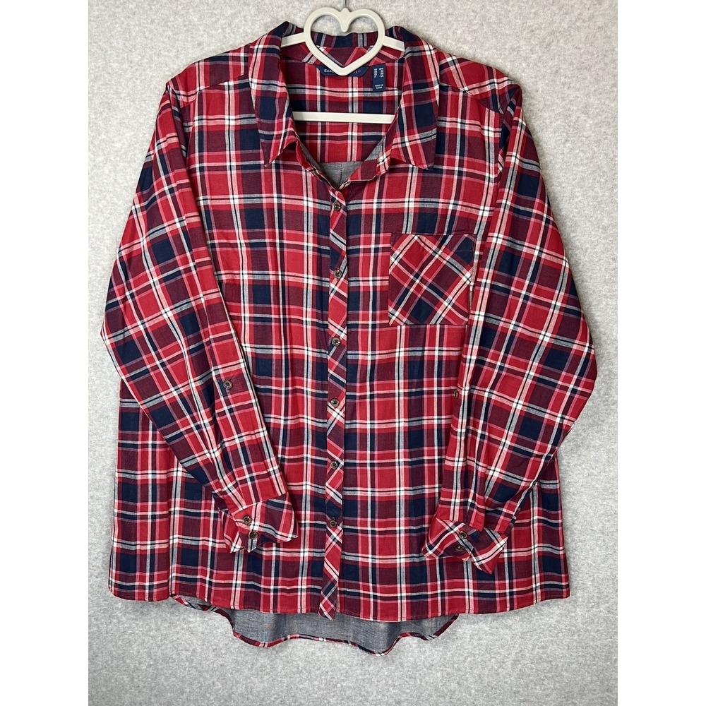 Isaac Mizrahi Live Button Up Shirt Womens 18W Red Blue Plaid Long Sleeve Cotton